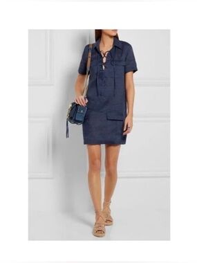 Equipment Knox Blue Linen Corset Lace Front Shirt Shift Dress Women's XS